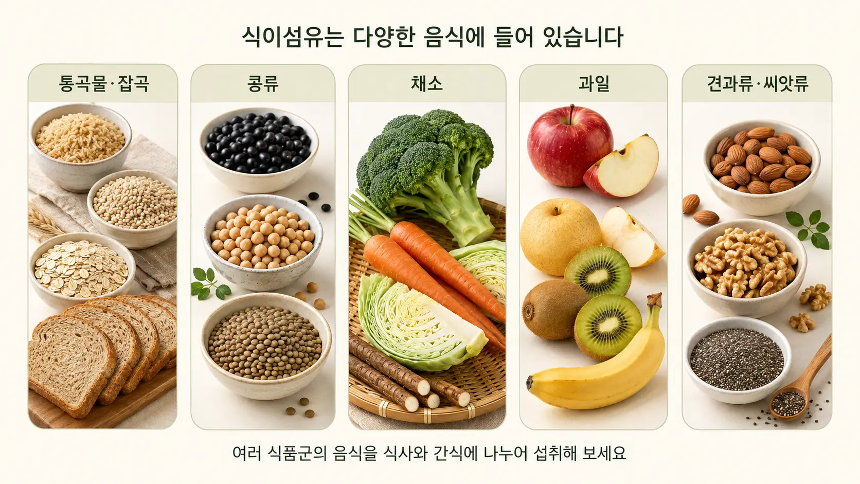 통곡물과 잡곡, 콩류, 채소, 과일, 견과류와 씨앗류 등 식이섬유가 들어 있는 음식