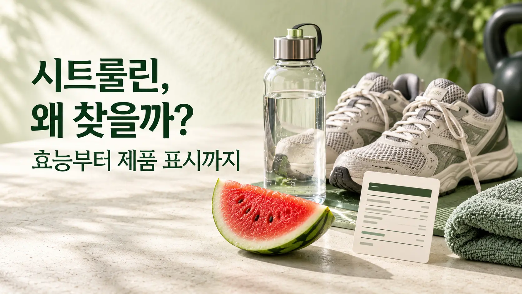 수박과 운동용품을 통해 시트룰린 성분과 운동에 대한 관심을 표현한 이미지