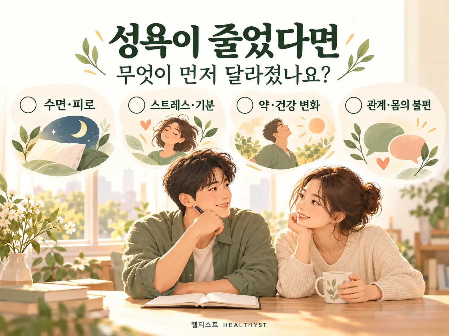 성욕이 줄어들기 전 수면과 피로, 기분, 건강 상태, 관계에서 무엇이 먼저 달라졌는지 살펴보는 이미지